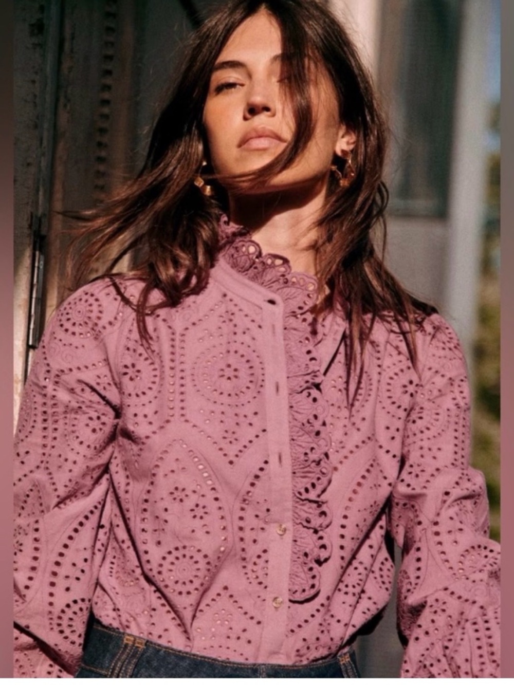 Sezane Chlo Shirt in Lavender/Purple Eyelet (Size 8)